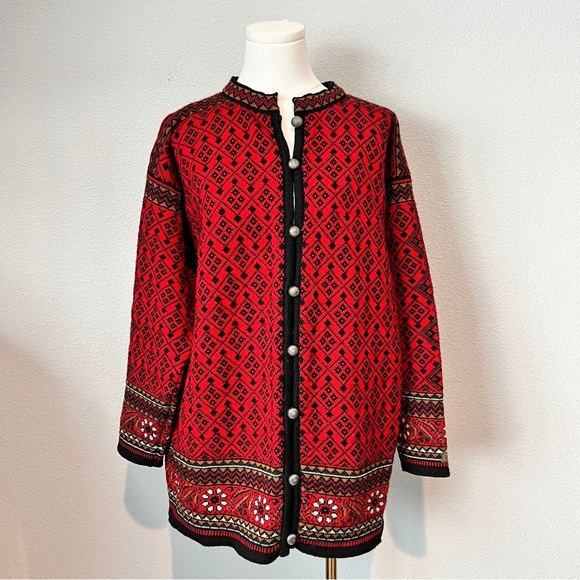Dale of Norway Red Black Nordic Wool Knit Cardigan Sweater Sz M - Picture 1 of 6